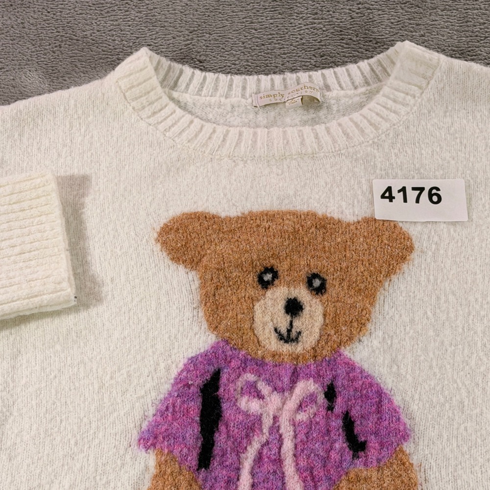 Simply Southern Sweater Women L White Teddy Bear Crewneck Pullover Soft Knit